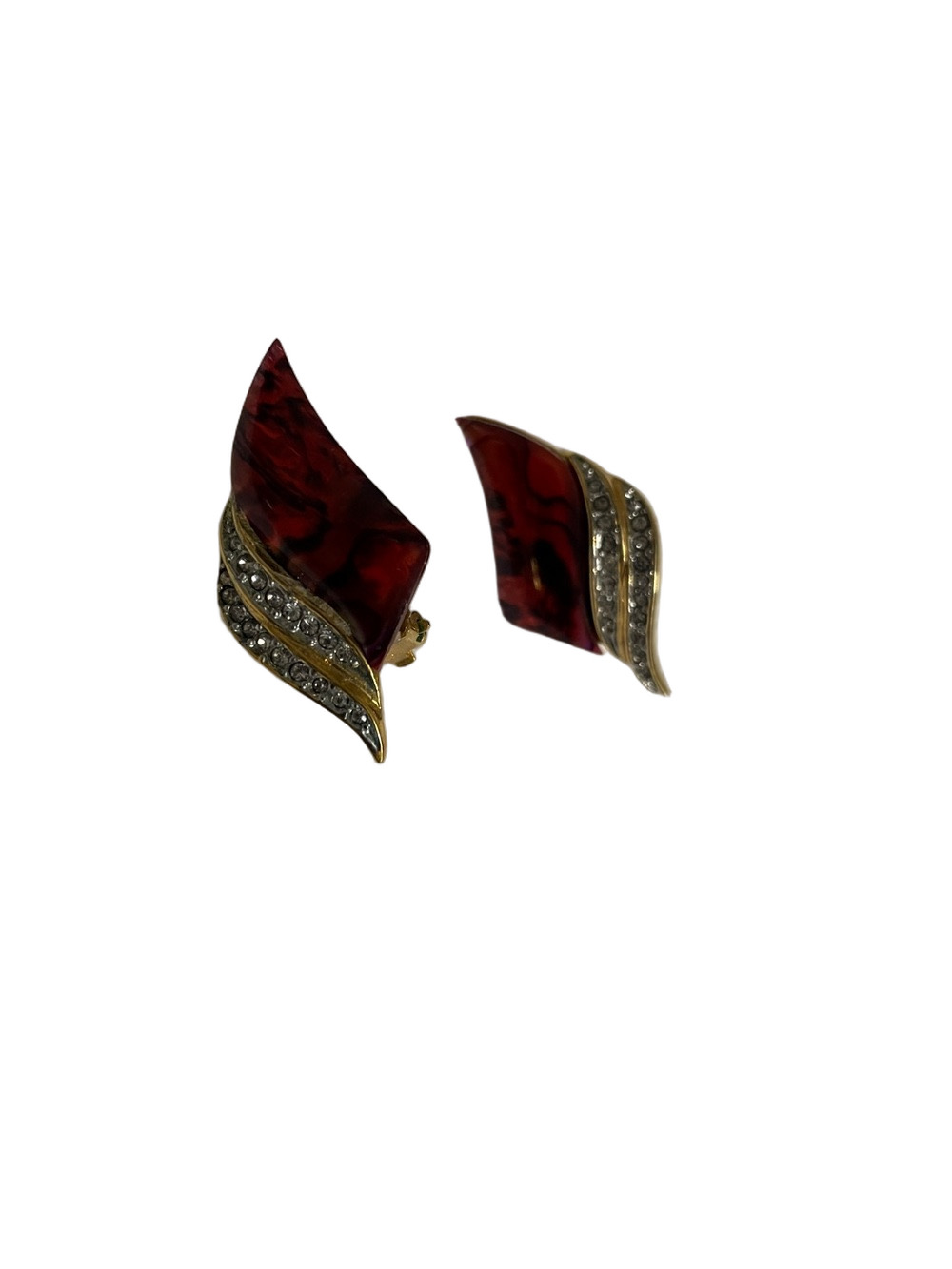 Vintage Butler Gold-Tone Red Resin & Crystal Wave Clip-On Earrings